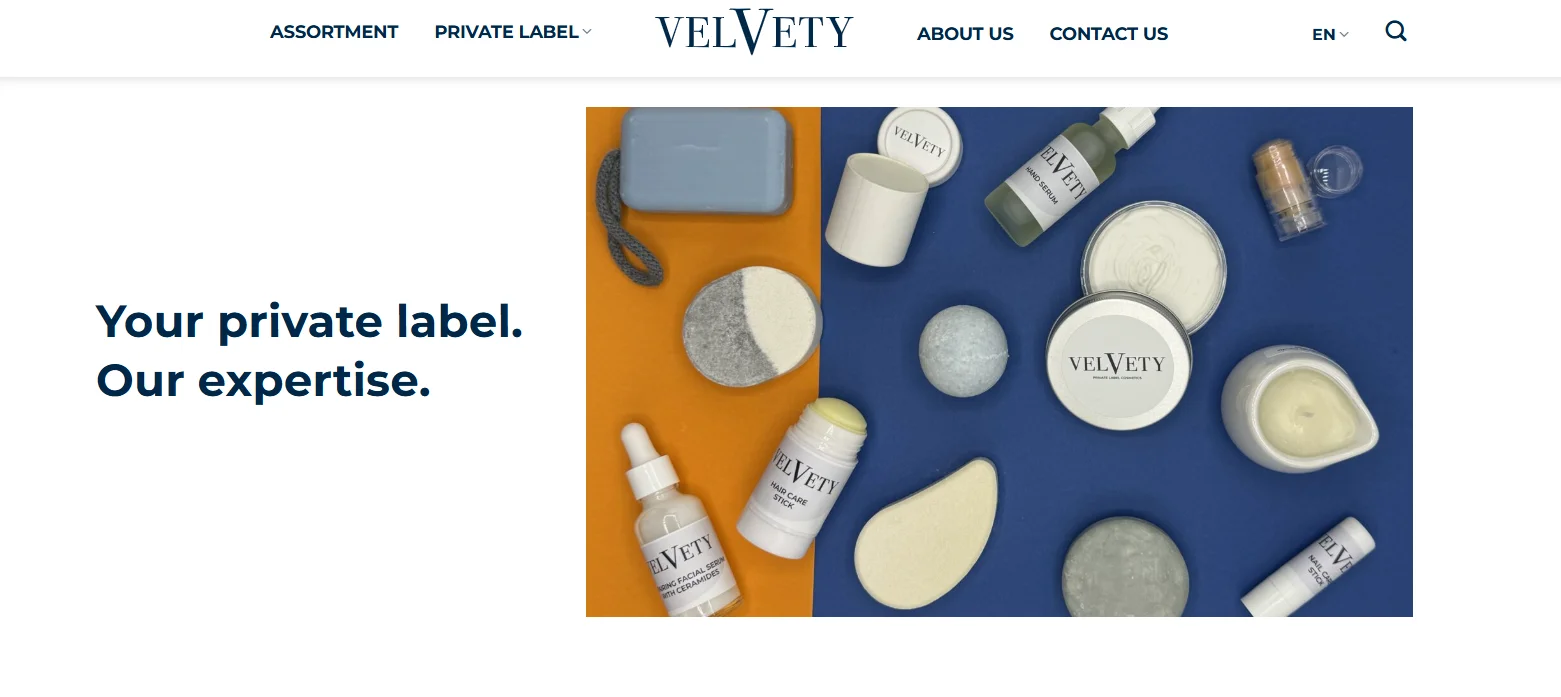 Assorted Velvety private label skincare and beauty products displayed on a colorful background.